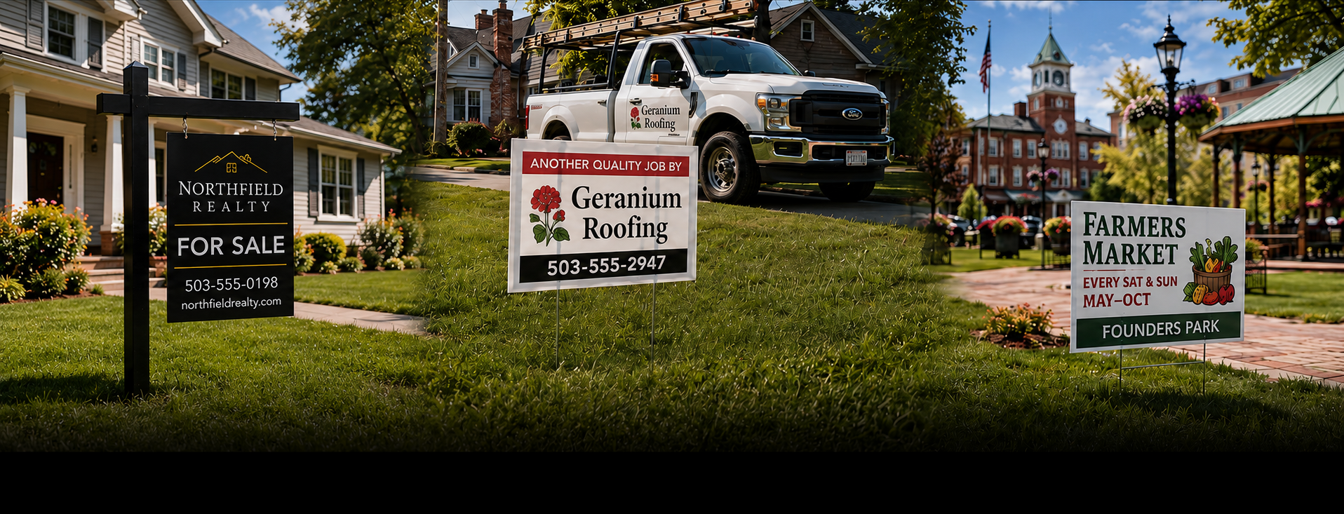 Business, real estate, contractor, and farmers market yard signs displayed in a community lawn setting