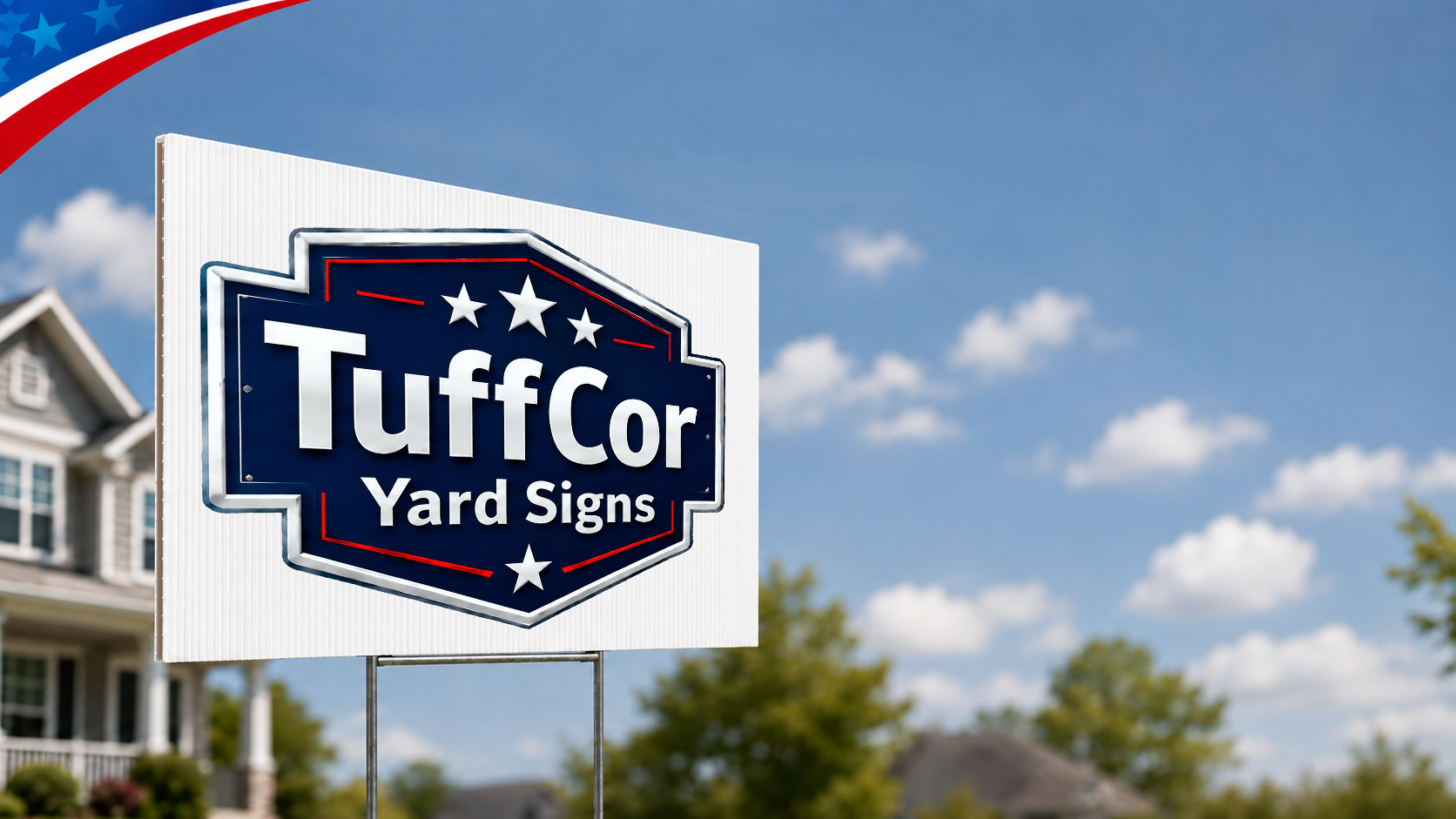 Blank corrugated TuffCor yard sign on a wire stake in a suburban setting