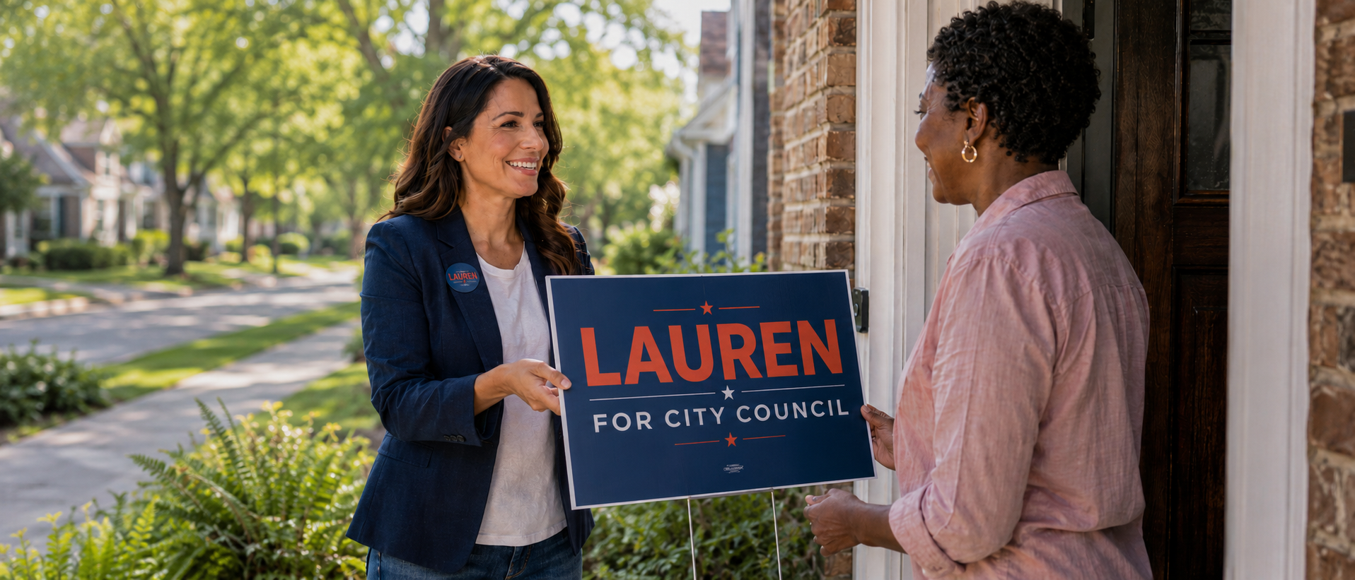 Campaign yard sign being handed to a resident at the door