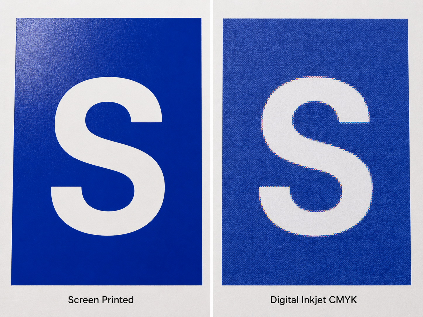 Side by side comparison showing screen printed signs with thicker glossy ink versus digital inkjet CMYK signs with thinner matte ink.