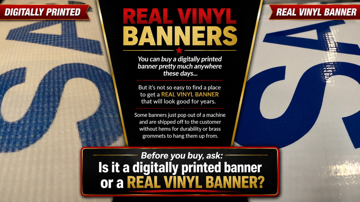 Real vinyl banner comparison showing digitally printed material on the left and glossy real vinyl banner material on the right.