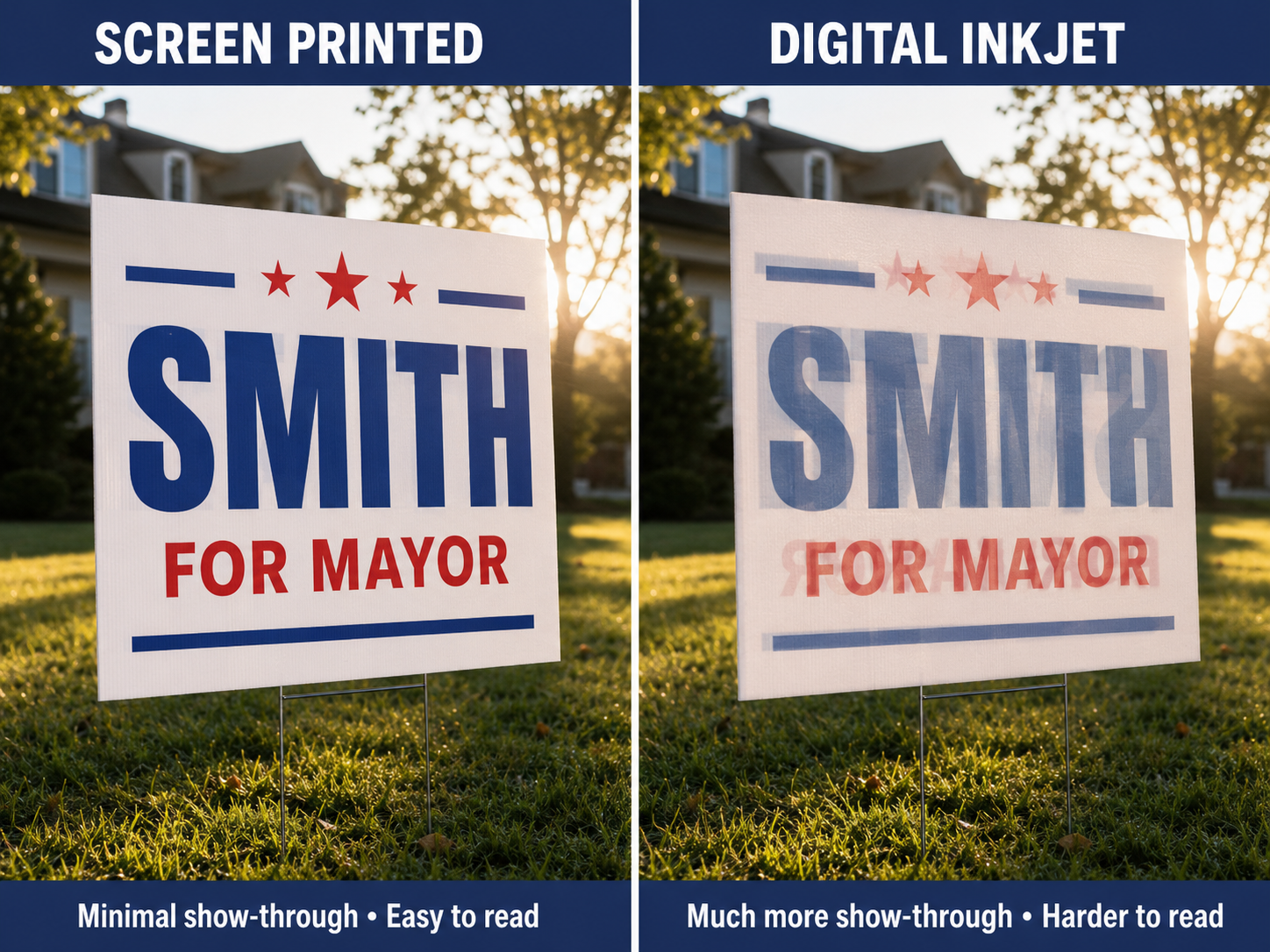 Side by side comparison showing minimal show-through on a screen printed double-sided campaign sign versus stronger show-through on a digital inkjet sign backlit by the sun.